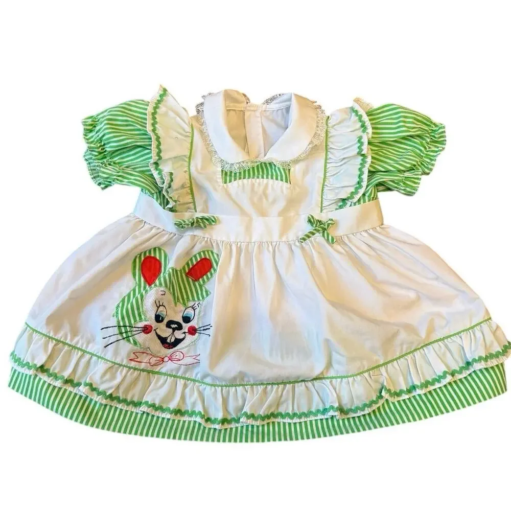 Vintage 50s Bunny Mouse Cartoon Dress striped Puff Sleeve Peter Pan Collar 12M